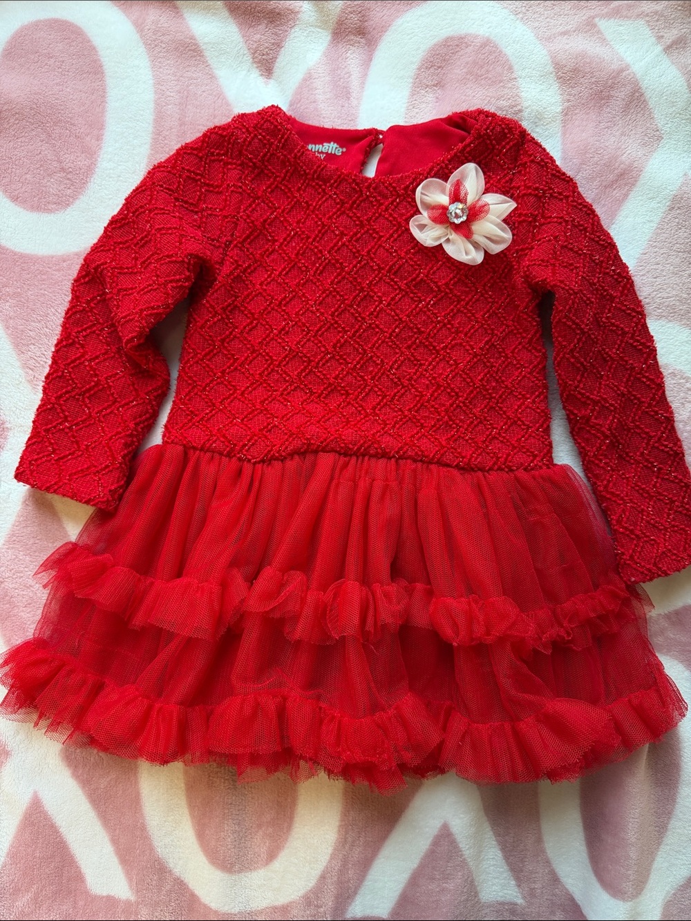 Nannette Red Textured Tulle Dress with Ivory-Red Flower Pin